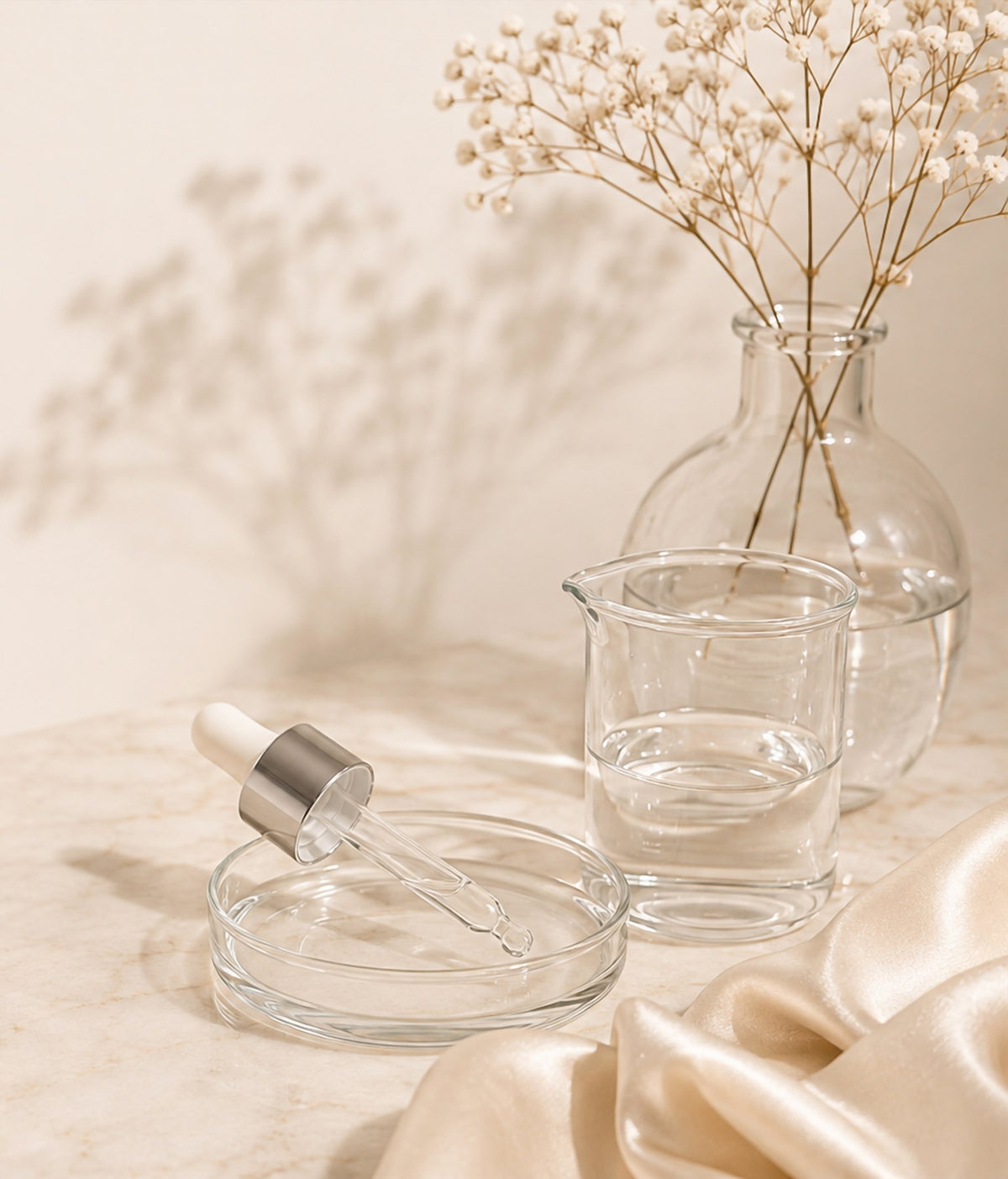Prodotti Uras Cosmetics su tavolo con fiori